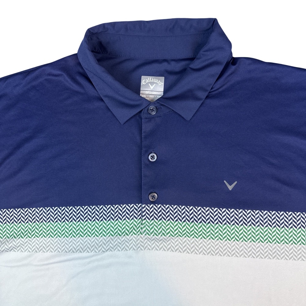 Callaway‎ Opti Dri Men's XL Polo Golf Shirt Navy Blue White Green Chevron Print